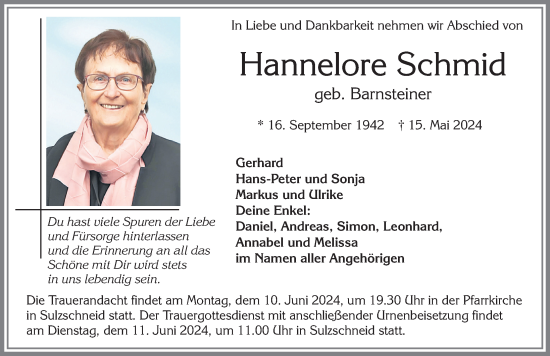 Traueranzeige von Hannelore Schmid von Allgäuer Zeitung, Marktoberdorf