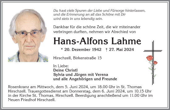 Traueranzeige von Hans-Alfons Lahme von Allgäuer Zeitung, Kaufbeuren/Buchloe