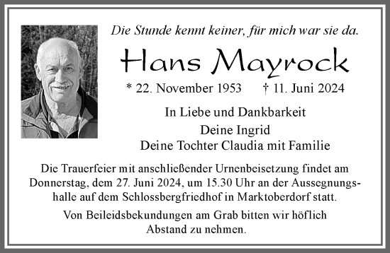 Traueranzeige von Hans Mayrock von Allgäuer Zeitung, Marktoberdorf