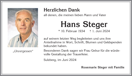 Traueranzeige von Hans Steger von Allgäuer Zeitung,Kempten