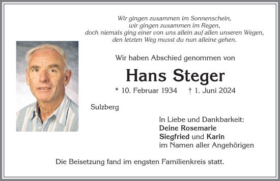 Traueranzeige von Hans Steger von Allgäuer Zeitung,Kempten