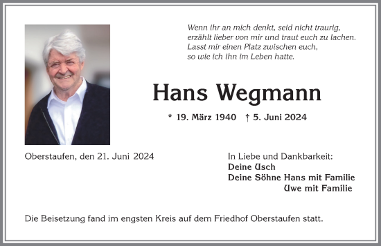 Traueranzeige von Hans Wegmann von Allgäuer Anzeigeblatt