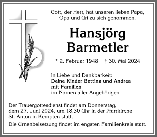 Traueranzeige von Hansjörg Barmetler von Allgäuer Zeitung,Kempten