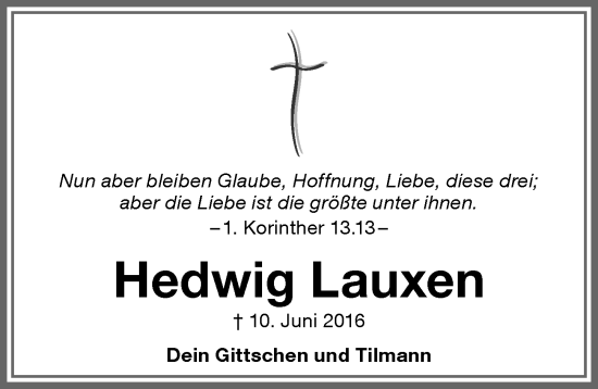 Traueranzeige von Hedwig Lauxen von Memminger Zeitung