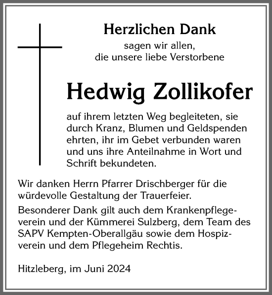Traueranzeige von Hedwig Zollikofer von Allgäuer Zeitung,Kempten