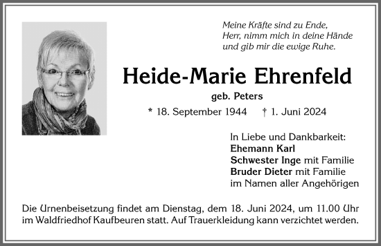 Traueranzeige von Heide-Marie Ehrenfeld von Allgäuer Zeitung, Kaufbeuren/Buchloe