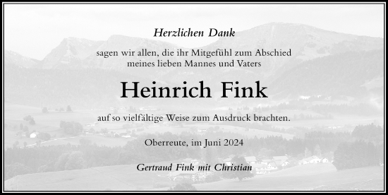 Traueranzeige von Heinrich Fink von Der Westallgäuer