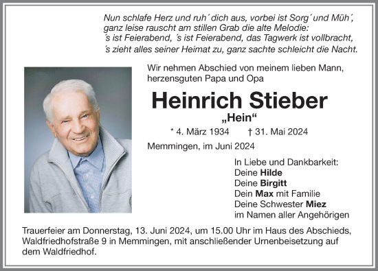 Traueranzeige von Heinrich Stieber von Memminger Zeitung