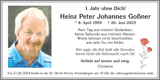 Traueranzeige von Heinz Peter Johannes Goßner von Memminger Zeitung