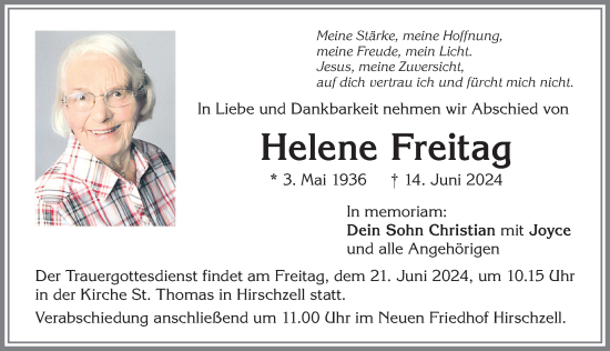 Traueranzeige von Helene Freitag von Allgäuer Zeitung, Kaufbeuren/Buchloe