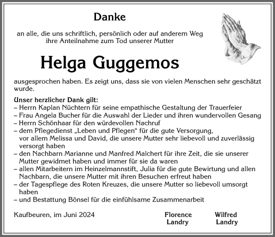 Traueranzeige von Helga Guggemos von Allgäuer Zeitung, Kaufbeuren/Buchloe
