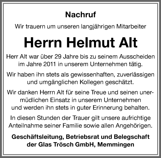 Traueranzeige von Helmut Alt von Memminger Zeitung