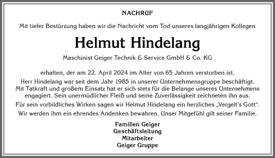 Traueranzeige von Helmut Hindelang von Allgäuer Anzeigeblatt