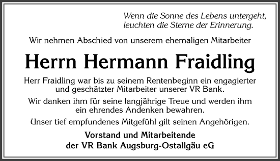 Traueranzeige von Hermann Fraidling von Allgäuer Zeitung, Kaufbeuren/Buchloe