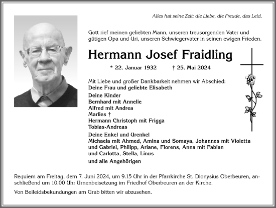 Traueranzeige von Hermann Josef Fraidling von Allgäuer Zeitung, Kaufbeuren/Buchloe