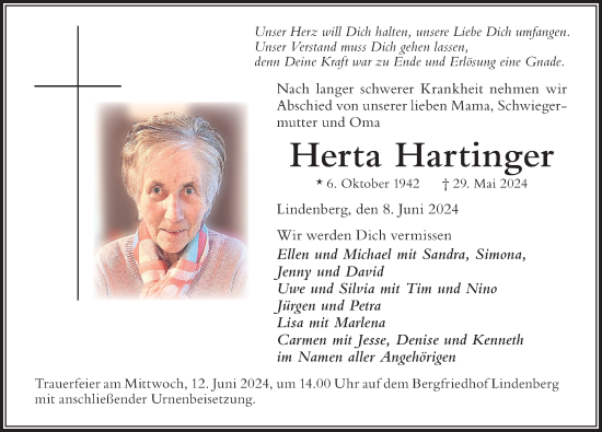 Traueranzeige von Herta Hartinger von Der Westallgäuer