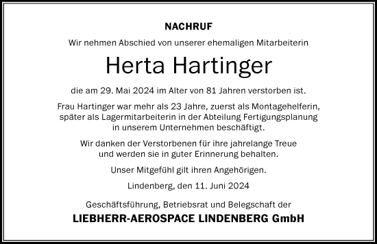 Traueranzeige von Herta Hartinger von Der Westallgäuer
