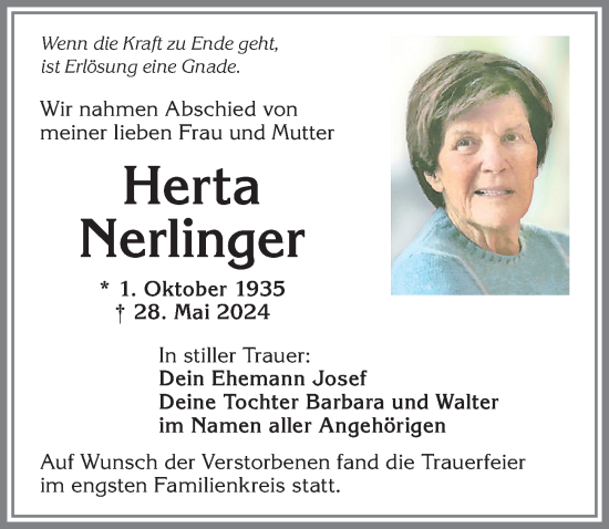 Traueranzeige von Herta Nerlinger von Allgäuer Zeitung,Kempten