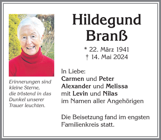 Traueranzeige von Hildegund Branß von Allgäuer Zeitung,Kempten
