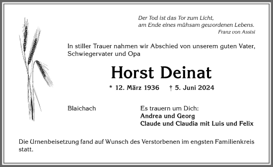 Traueranzeige von Horst Deinat von Allgäuer Anzeigeblatt
