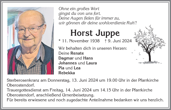 Traueranzeige von Horst Juppe von Allgäuer Zeitung, Kaufbeuren/Buchloe