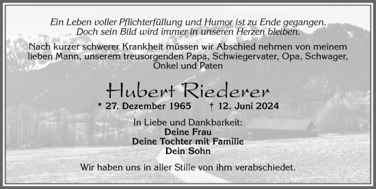 Traueranzeige von Hubert Riederer von Allgäuer Zeitung, Füssen