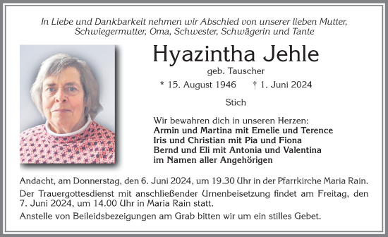 Traueranzeige von Hyazintha Jehle von Allgäuer Zeitung,Kempten