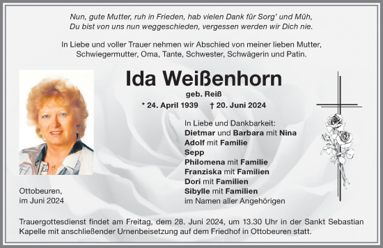 Traueranzeige von Ida Weißenhorn von Memminger Zeitung