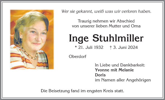 Traueranzeige von Inge Stuhlmiller von Allgäuer Zeitung,Kempten