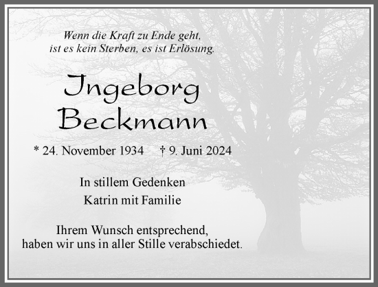 Traueranzeige von Ingeborg Beckmann von Allgäuer Zeitung, Füssen