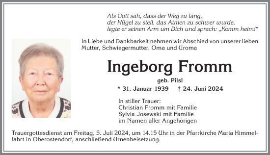 Traueranzeige von Ingeborg Fromm von Allgäuer Zeitung, Kaufbeuren/Buchloe