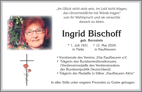 Traueranzeige von Ingrid Bischoff von Allgäuer Zeitung, Kaufbeuren/Buchloe