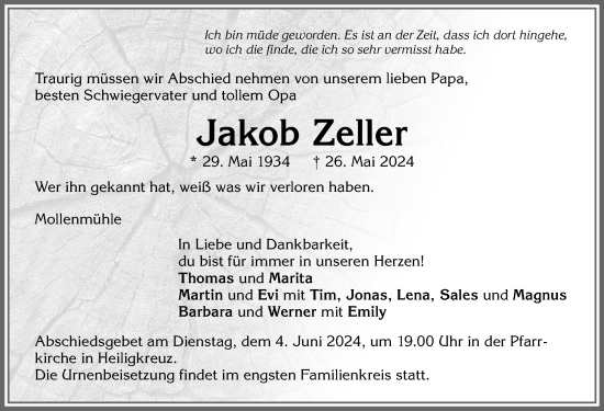 Traueranzeige von Jakob Zeller von Allgäuer Zeitung,Kempten