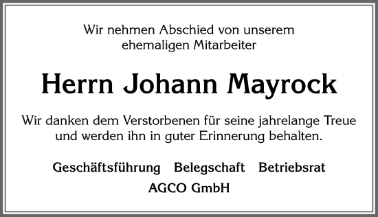 Traueranzeige von Johann Mayrock von Allgäuer Zeitung, Marktoberdorf