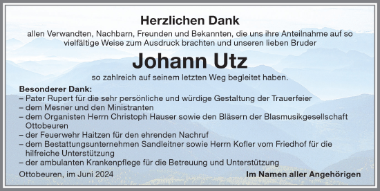 Traueranzeige von Johann Utz von Memminger Zeitung