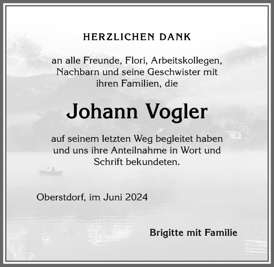 Traueranzeige von Johann Vogler von Allgäuer Anzeigeblatt