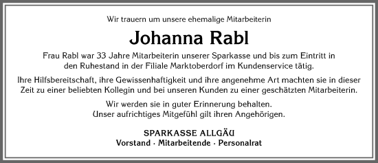 Traueranzeige von Johanna Rabl von Allgäuer Zeitung, Marktoberdorf