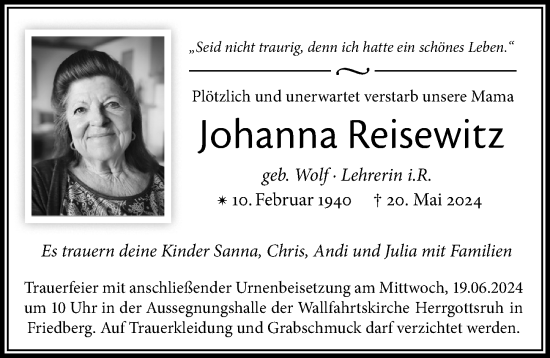 Traueranzeige von Johanna Reisewitz von Allgäuer Zeitung, Kaufbeuren/Buchloe