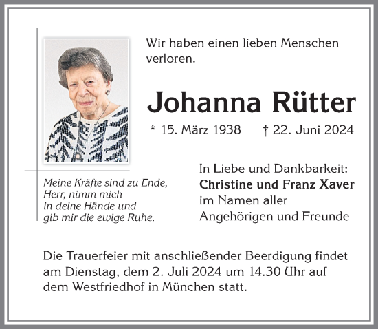 Traueranzeige von Johanna Rütter von Allgäuer Zeitung,Kempten