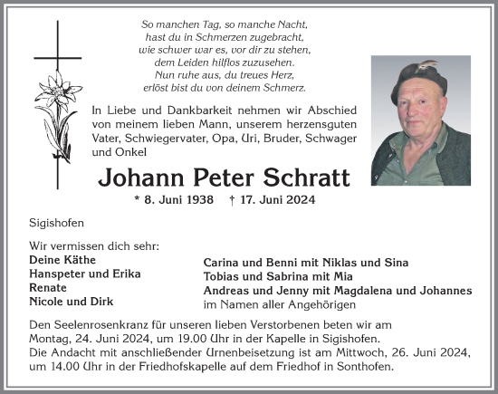 Traueranzeige von Johann Peter Schratt von Allgäuer Anzeigeblatt