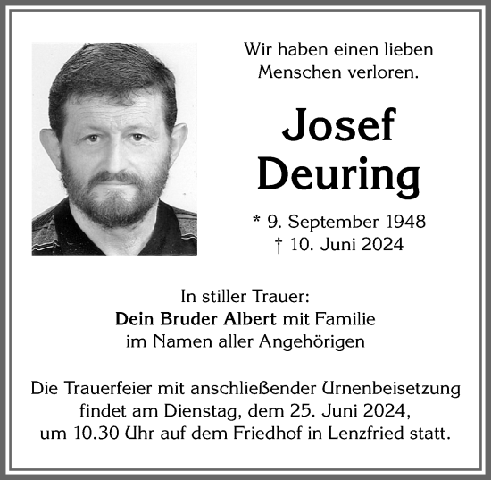 Traueranzeige von Josef Deuring von Allgäuer Zeitung,Kempten