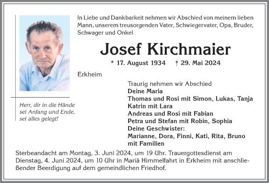 Traueranzeige von Josef Kirchmaier von Memminger Zeitung