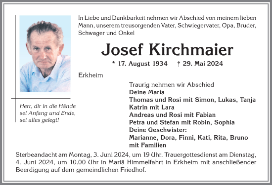 Traueranzeige von Josef Kirchmaier von Memminger Zeitung