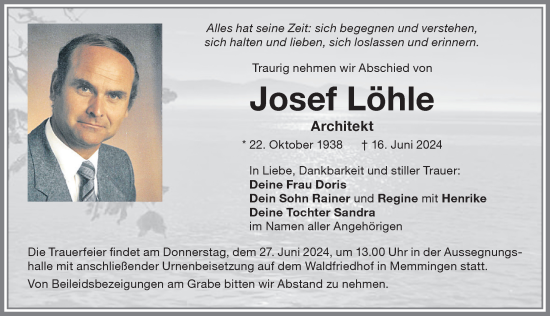 Traueranzeige von Josef Löhle von Memminger Zeitung