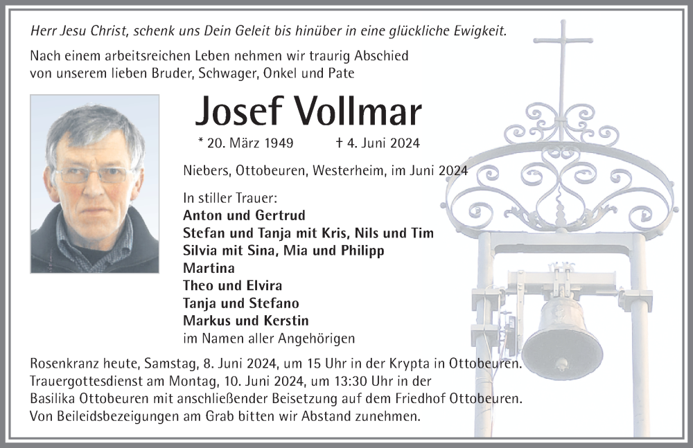  Traueranzeige für Josef Vollmar vom 08.06.2024 aus Memminger Zeitung