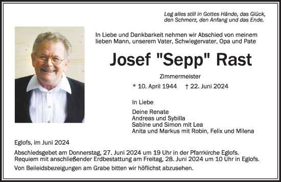 Traueranzeige von Josef Sepp Rast von Der Westallgäuer