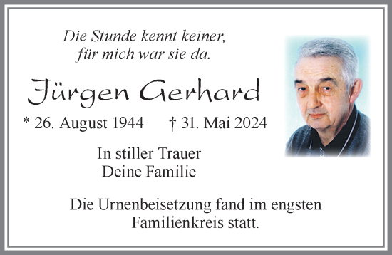 Traueranzeige von Jürgen Gerhard von Allgäuer Zeitung, Marktoberdorf