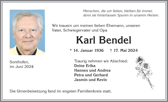 Traueranzeige von Karl Bendel von Allgäuer Anzeigeblatt