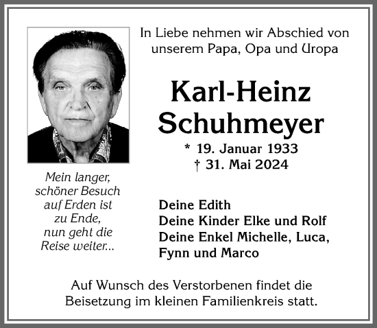 Traueranzeige von Karl-Heinz Schuhmeyer von Allgäuer Zeitung, Kaufbeuren/Buchloe