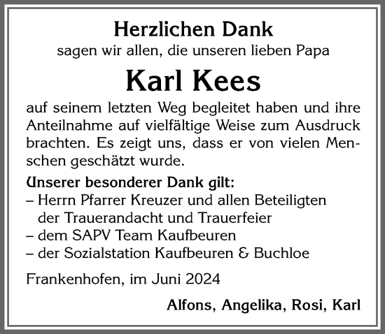 Traueranzeige von Karl Kees von Allgäuer Zeitung, Kaufbeuren/Buchloe